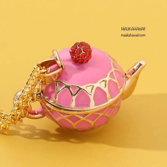 Enamel Pink Teapot Poison Pill Secret Compartment Necklace w 18 in Chain New! - Picture 3 of 14